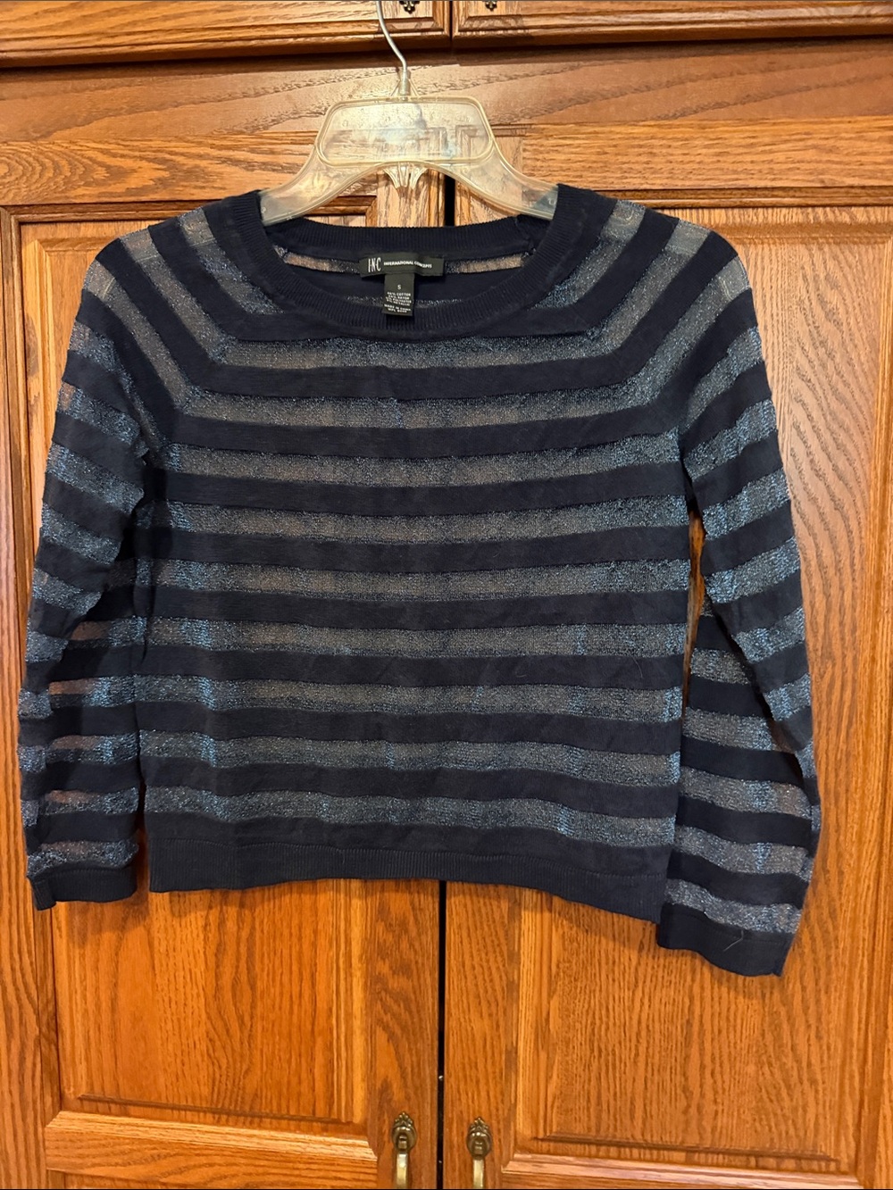 INC International Concepts Navy Metallic Stripe Scoop Neck Sweater *like New
